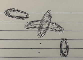 sketch of m38 cluster, comprising of a four way cross of stars, and further from the cross two more bands of stars and a few lone stars
